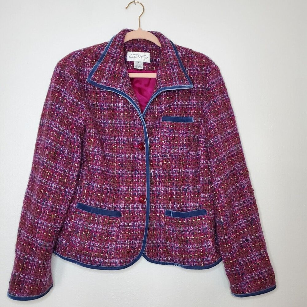 Jones New York Country Women Sz Large Purple Pink Tweed Wool Blend Blazer Jacket - Picture 12 of 12